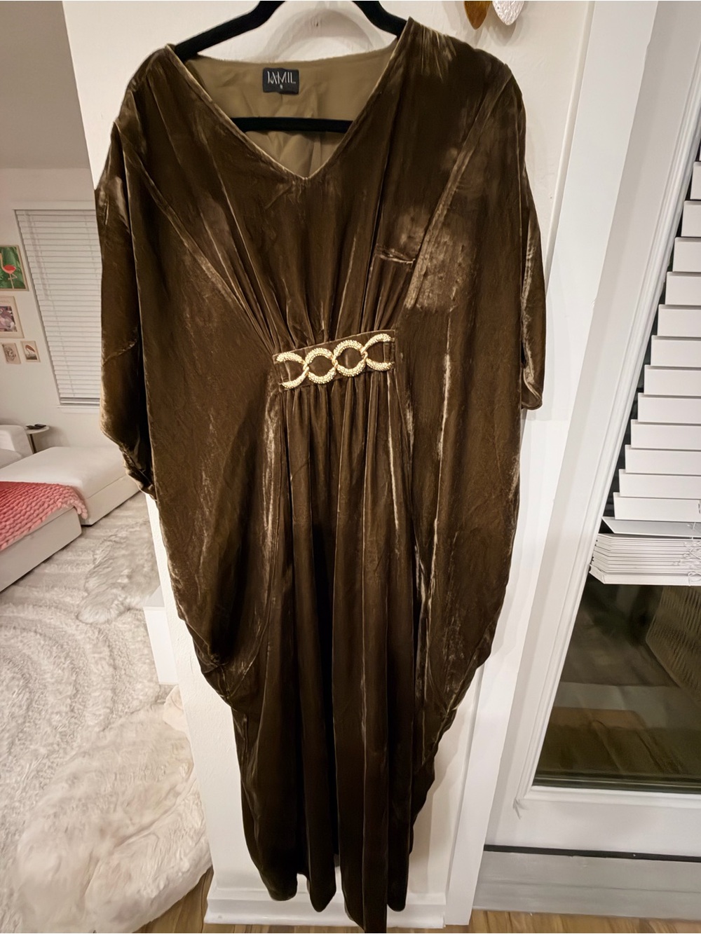 Ami Brown Velvet Maxi Dress with Gold Chain Accent